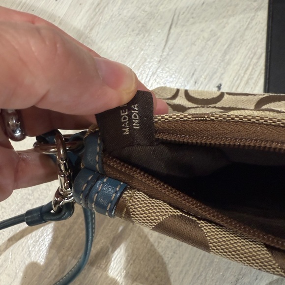 Coach Legacy Turn Lock Monogram Wristlet in Tan and Blue